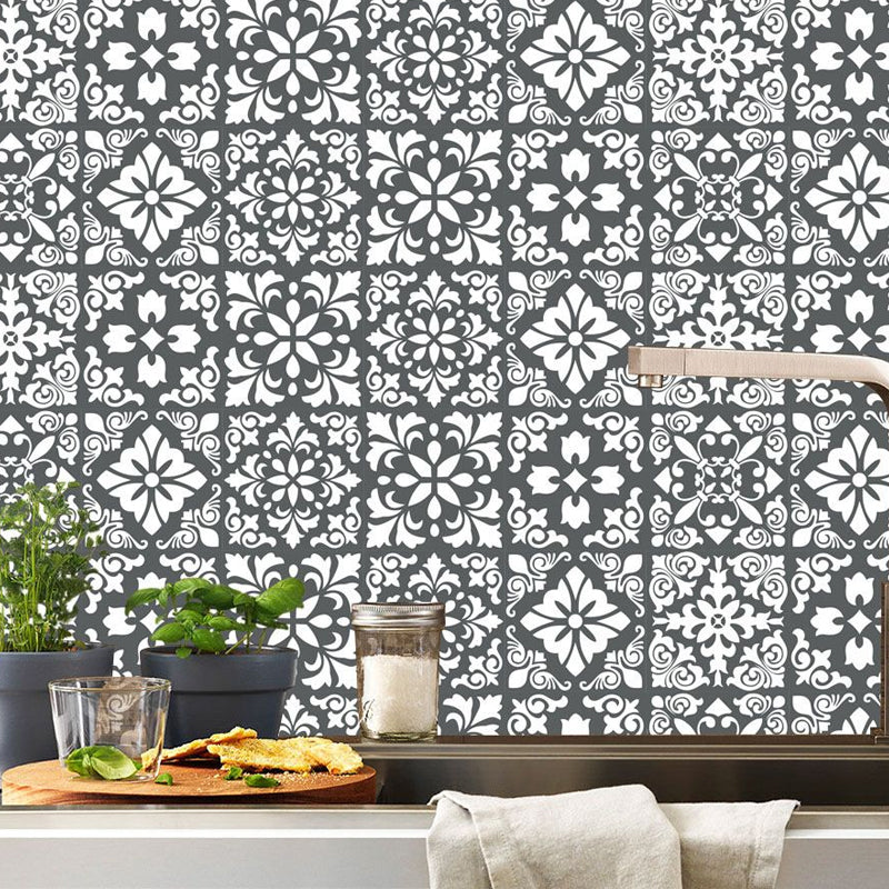 Botanix Moroccan Tile Wallpaper Panels Bohemian PVC Wall Covering in Black-White, Adhesive