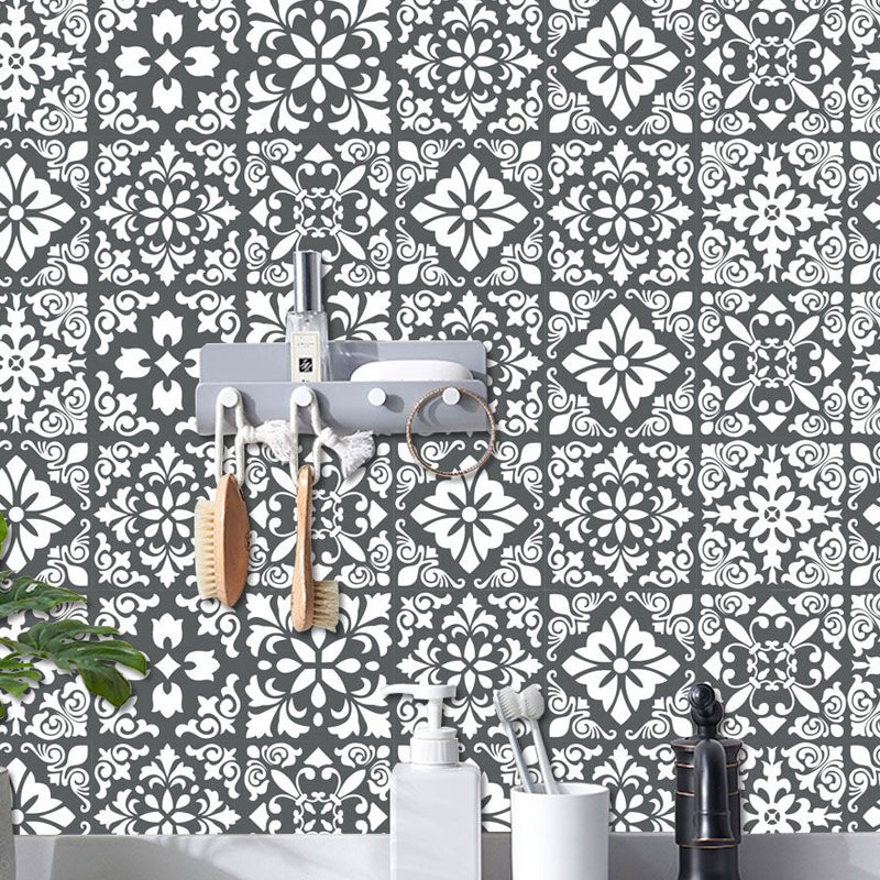 Botanix Moroccan Tile Wallpaper Panels Bohemian PVC Wall Covering in Black-White, Adhesive