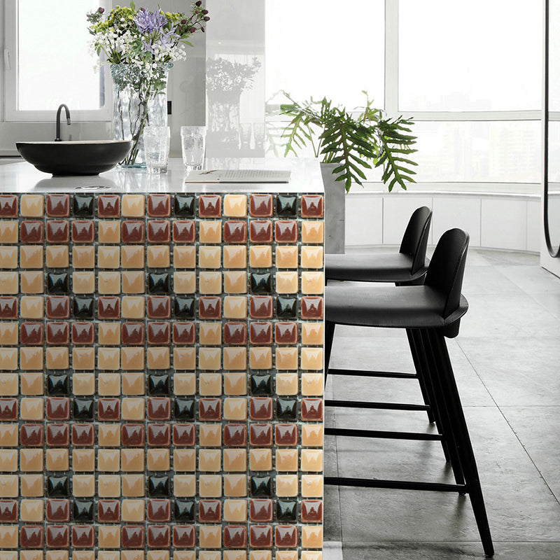 Modern Faux 3D Tile Wallpaper Panel Black-Red-Yellow Mosaic Wall Art for Kitchen, Easy to Remove