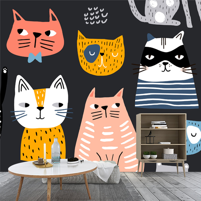 Childrens Art Cat Mural Wallpaper Multicolored Nursery Wall Art on Black, Made to Measure