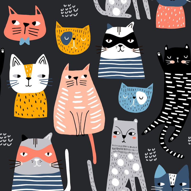 Childrens Art Cat Mural Wallpaper Multicolored Nursery Wall Art on Black, Made to Measure