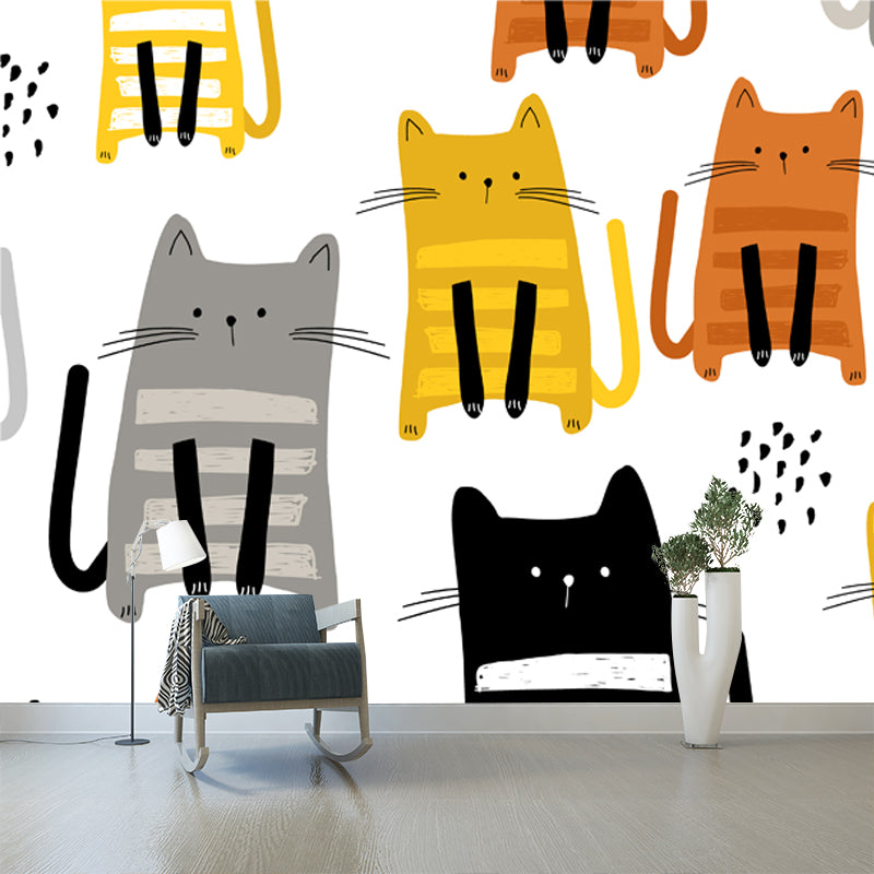 Kids Kitty Wall Paper Mural White Moisture Resistant Wall Art for Nursery, Custom Size