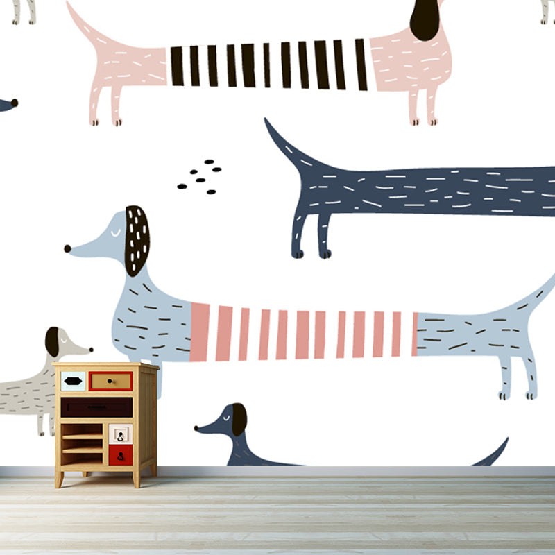 Pink-Blue Dog Mural Wallpaper Animal Pattern Kids Stain Resistant Wall Covering for Home