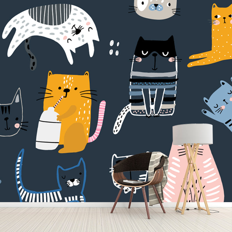 Kawaii Cats Wallpaper Mural for Child Room, Pink-Yellow-Blue, Custom Size Available