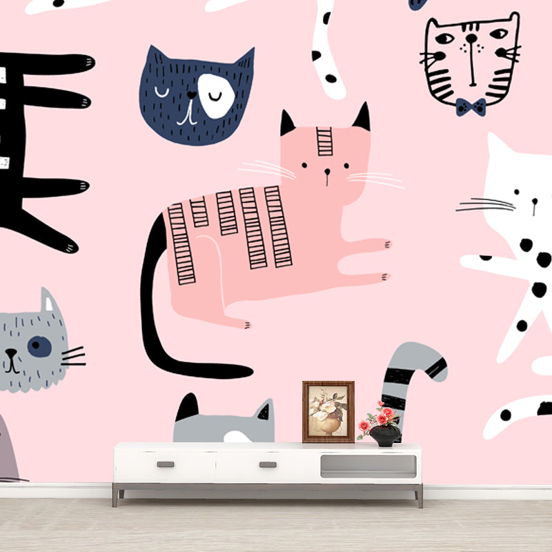 Childrens Art Pet Cat Mural Decal Pink Moisture Resistant Wall Covering for Baby Room