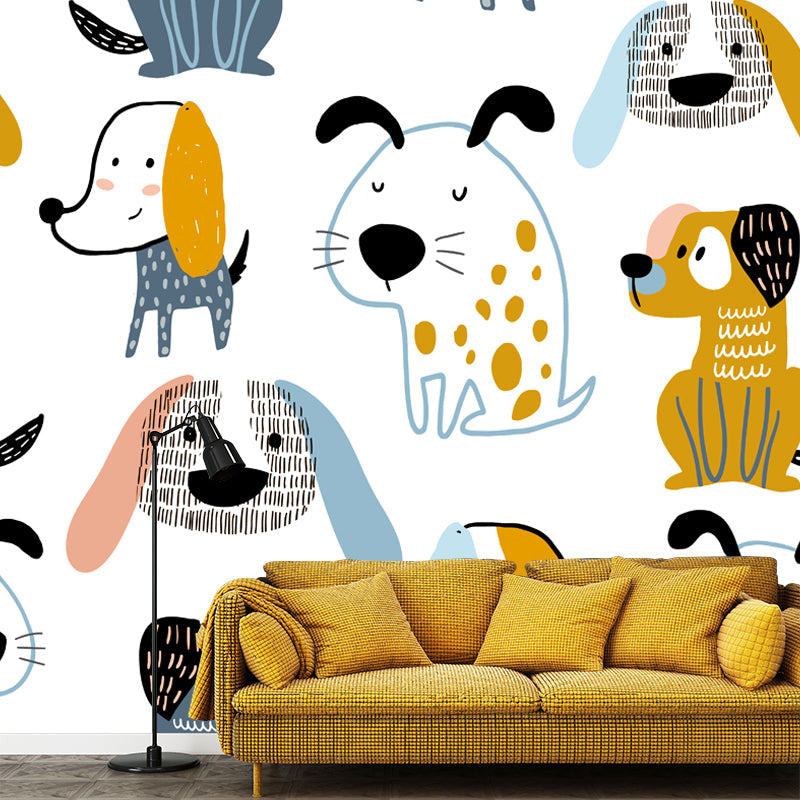 Blue-Orange Dog Wall Mural on White Waterproofing Cartoon Kids Bedroom Wall Decor