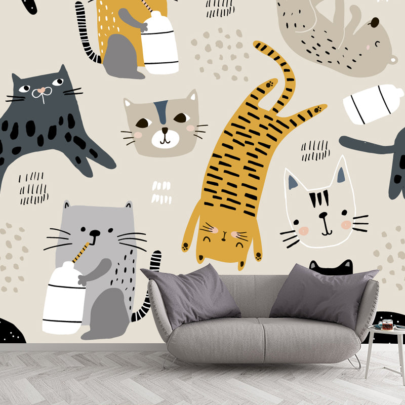 Light Camel Childrens Art Mural Full Size Cat Patterned Wall Covering for Nursery