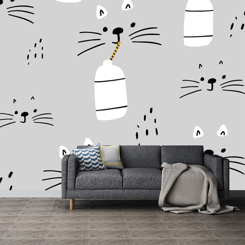 Cartoon Cat Drinking Milk Mural Decal Grey Water Resistant Wall Decor for Baby Room