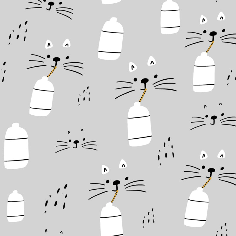 Cartoon Cat Drinking Milk Mural Decal Grey Water Resistant Wall Decor for Baby Room