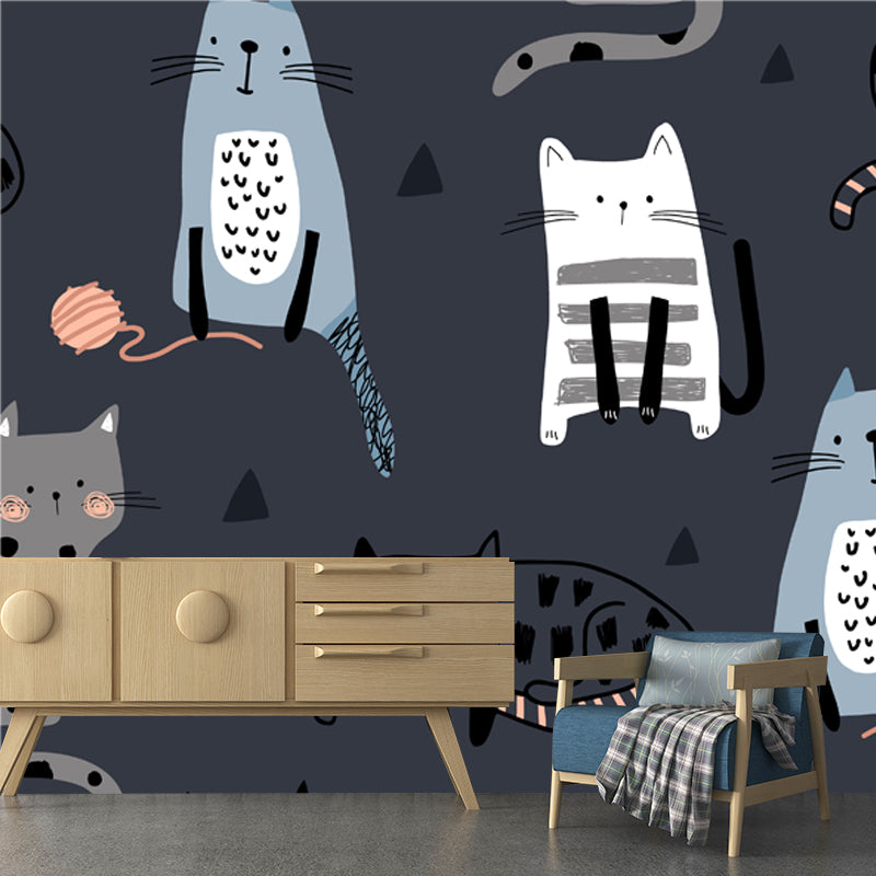 Cat Wall Paper Mural Dark Grey Childrens Art Wall Covering for Kids Bedroom, Non-Woven