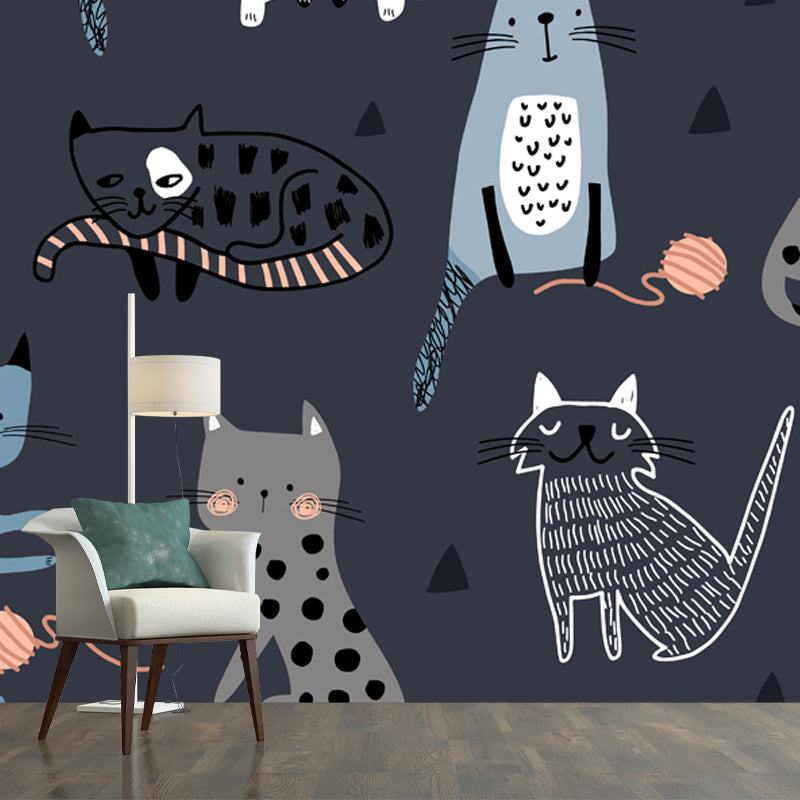 Cat Wall Paper Mural Dark Grey Childrens Art Wall Covering for Kids Bedroom, Non-Woven