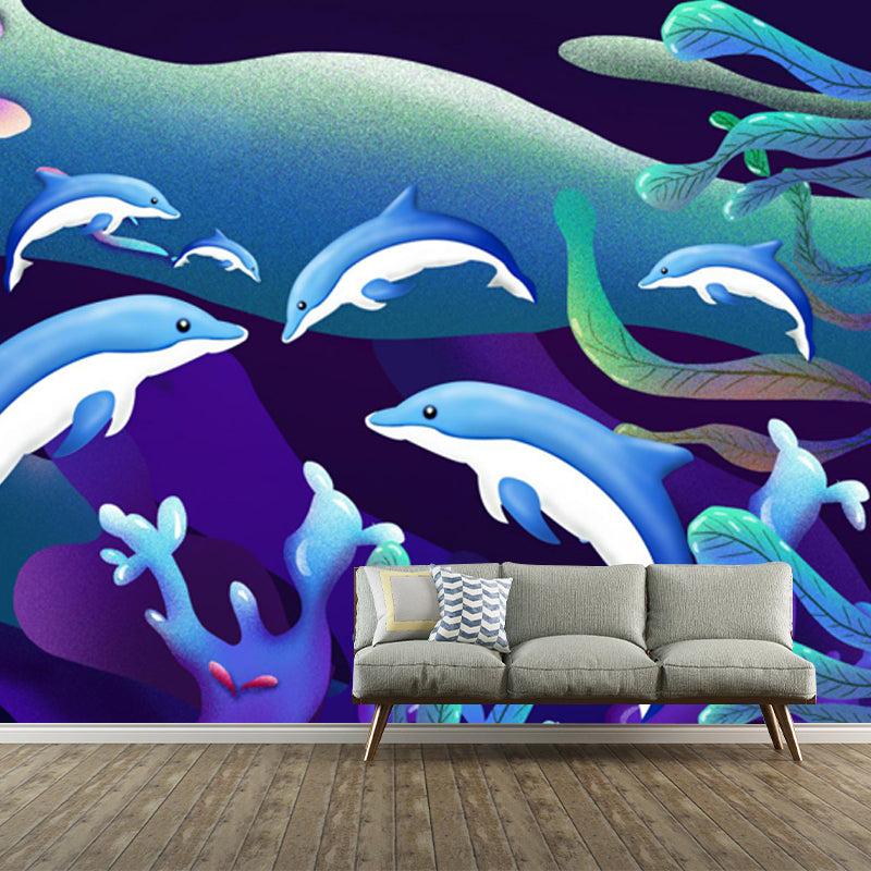 Kids Undersea Dolphin Wallpaper Mural Blue-Green Waterproof Wall Covering for Home