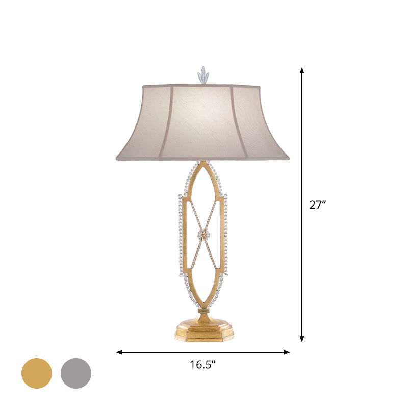 1 Bulb Flared Table Light Traditional Gold/Silver Fabric Shade Nightstand Lamp with X-Shape Crystal Base