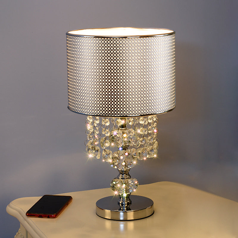 Acrylic Chrome Night Lamp Cylinder with Hole Design 1-Bulb Classic Table Light with Crystal Droplet