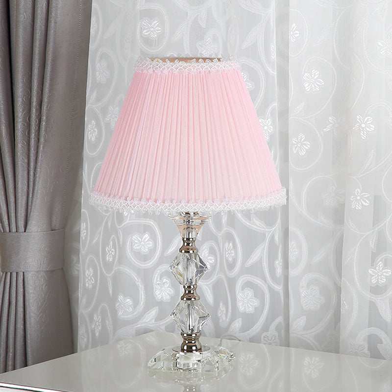 Candlestick Bedroom Desk Light Classic Clear Crystal 1-Head Pink Nightstand Lamp with Scalloped/Tapered Shade