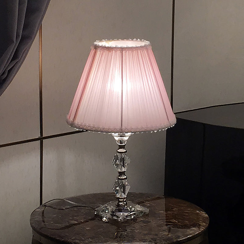 Candlestick Bedroom Desk Light Classic Clear Crystal 1-Head Pink Nightstand Lamp with Scalloped/Tapered Shade