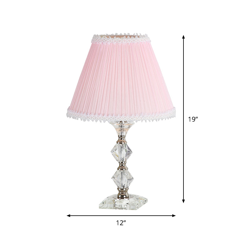 Candlestick Bedroom Desk Light Classic Clear Crystal 1-Head Pink Nightstand Lamp with Scalloped/Tapered Shade