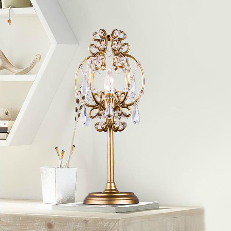 Retro Style Lantern Table Lamp Metal 1-Light Nightstand Lighting in White/Gold with Clear Crystal Drops