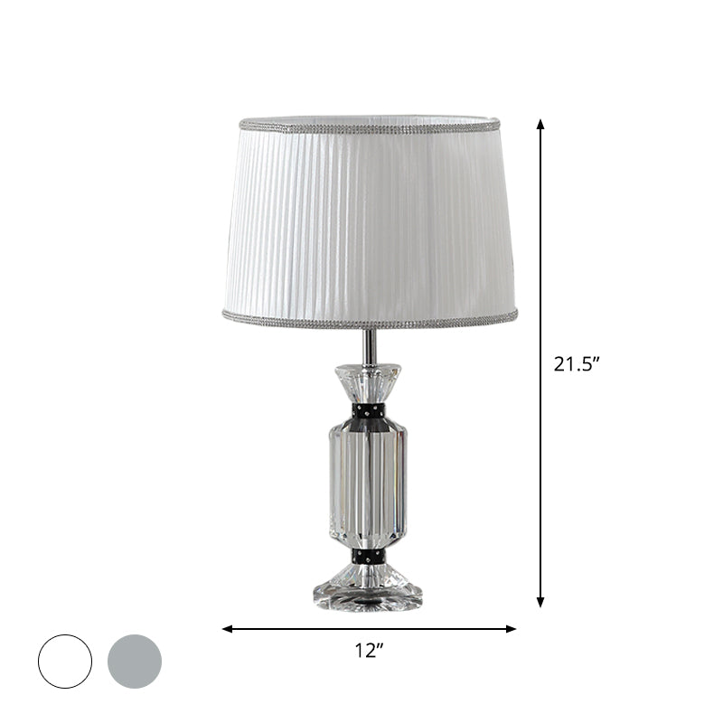 Drum Reading Lighting Rural Style Fabric Shade 1 Head Night Table Lamp in White/Blue with Clear Crystal Base