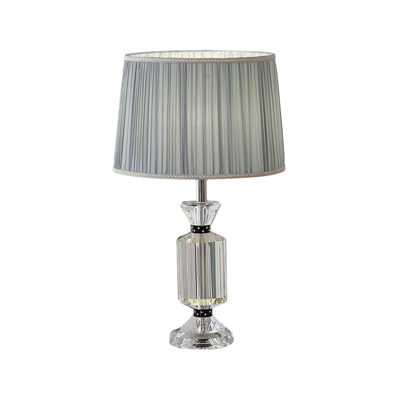 Drum Reading Lighting Rural Style Fabric Shade 1 Head Night Table Lamp in White/Blue with Clear Crystal Base