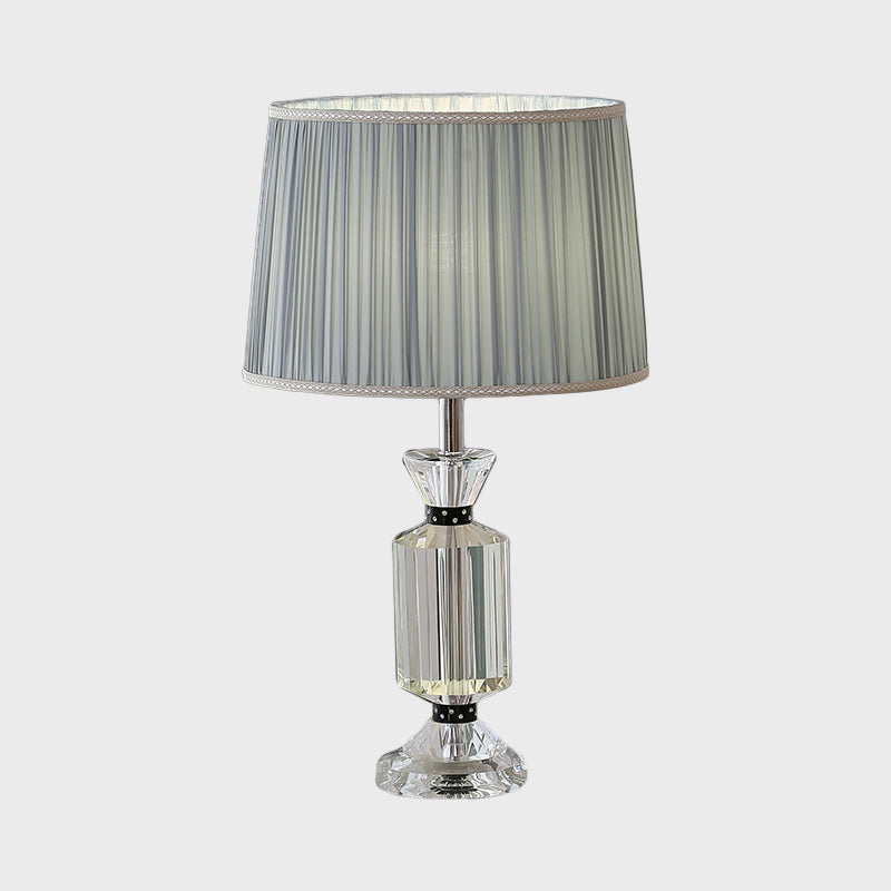 Drum Reading Lighting Rural Style Fabric Shade 1 Head Night Table Lamp in White/Blue with Clear Crystal Base