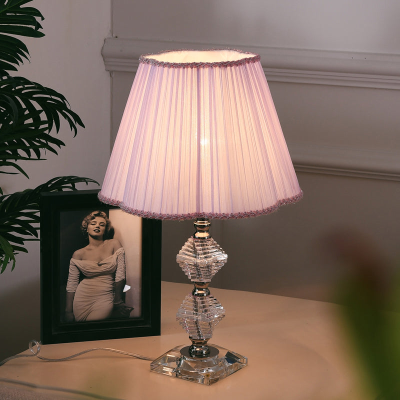 Fabric Flower Shade Reading Lamp Contemporary 1 Light Night Table Lighting in Pink with Clear Crystal Base