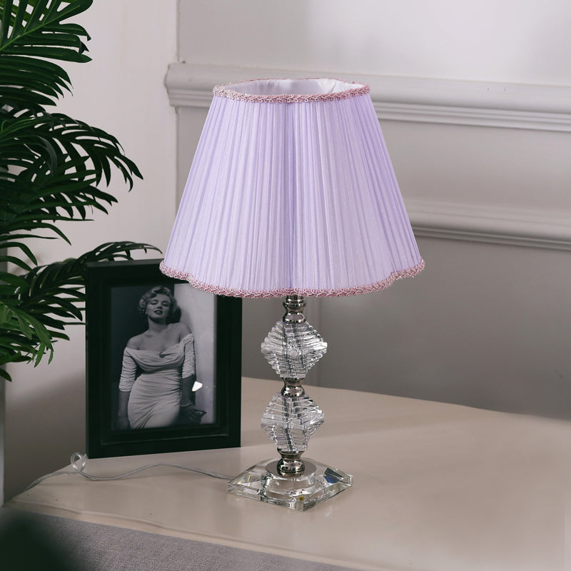 Fabric Flower Shade Reading Lamp Contemporary 1 Light Night Table Lighting in Pink with Clear Crystal Base