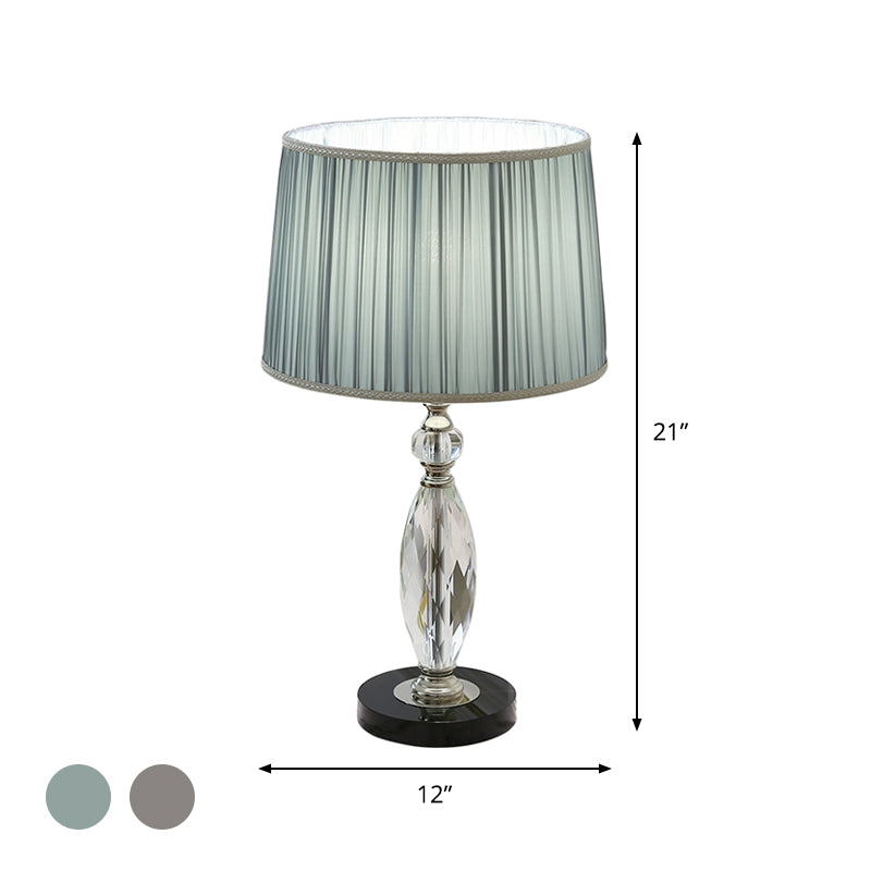 Minimalism 1 Bulb Desk Lamp with Fabric Shade Grey/Blue Drum Nightstand Light with Clear Crystal Base for Parlor