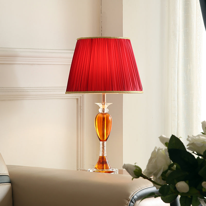 Red Urn Base Night Table Lighting Modernist 1-Head Clear Crystal Reading Lamp with Cone Fabric Shade