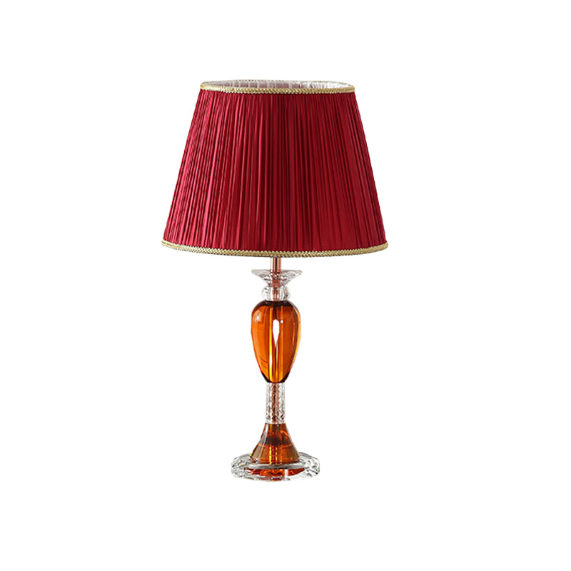 Red Urn Base Night Table Lighting Modernist 1-Head Clear Crystal Reading Lamp with Cone Fabric Shade