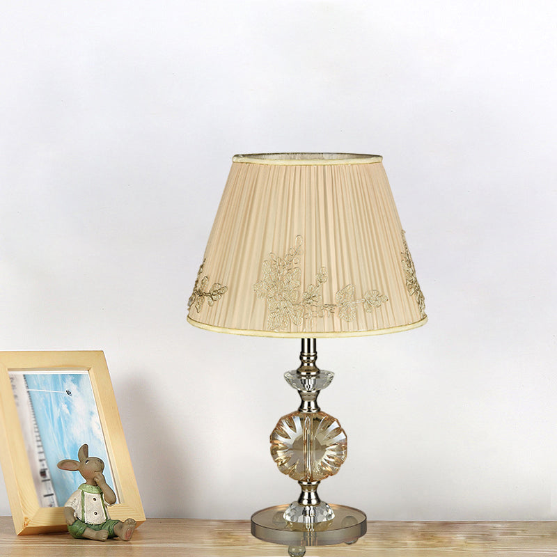 Beige Cone Night Lamp with Flower Design Modern Style Fabric Shade 1-Light Bedroom Desk Lighting