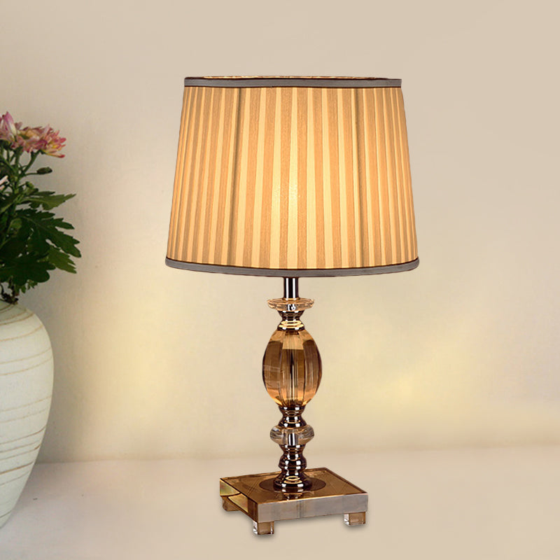 Modernist Font Nightstand Light Clear Crystal 1 Bulb Bedroom Desk Lighting in Beige with Pleated Shade