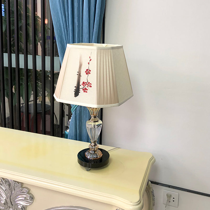 Paneled Bell Bedroom Table Lighting Fabric Shade 1 Light Contemporary Night Lamp with Floral Painting Design