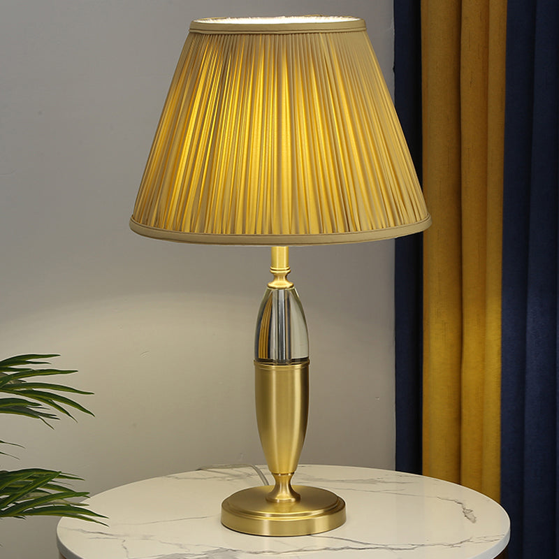 Cone Night Table Lighting Simplicity Fabric 1-Bulb Study Lamp in Yellow with Round Pedestal