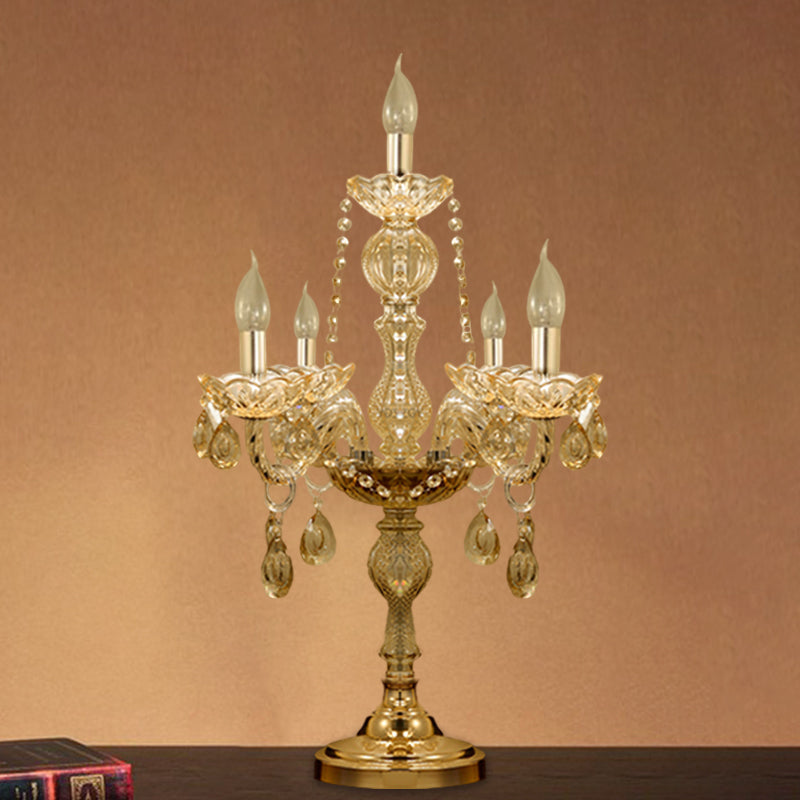 5/6 Heads Candelabra Table Light Traditional Gold Crystal Droplets Nightstand Lamp with/without White Bell Fabric Shade