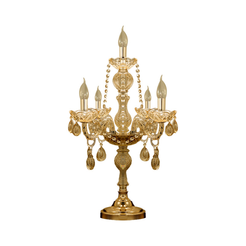 5/6 Heads Candelabra Table Light Traditional Gold Crystal Droplets Nightstand Lamp with/without White Bell Fabric Shade