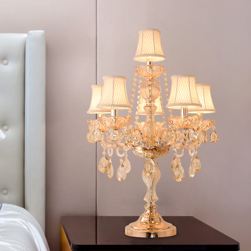 5/6 Heads Candelabra Table Light Traditional Gold Crystal Droplets Nightstand Lamp with/without White Bell Fabric Shade