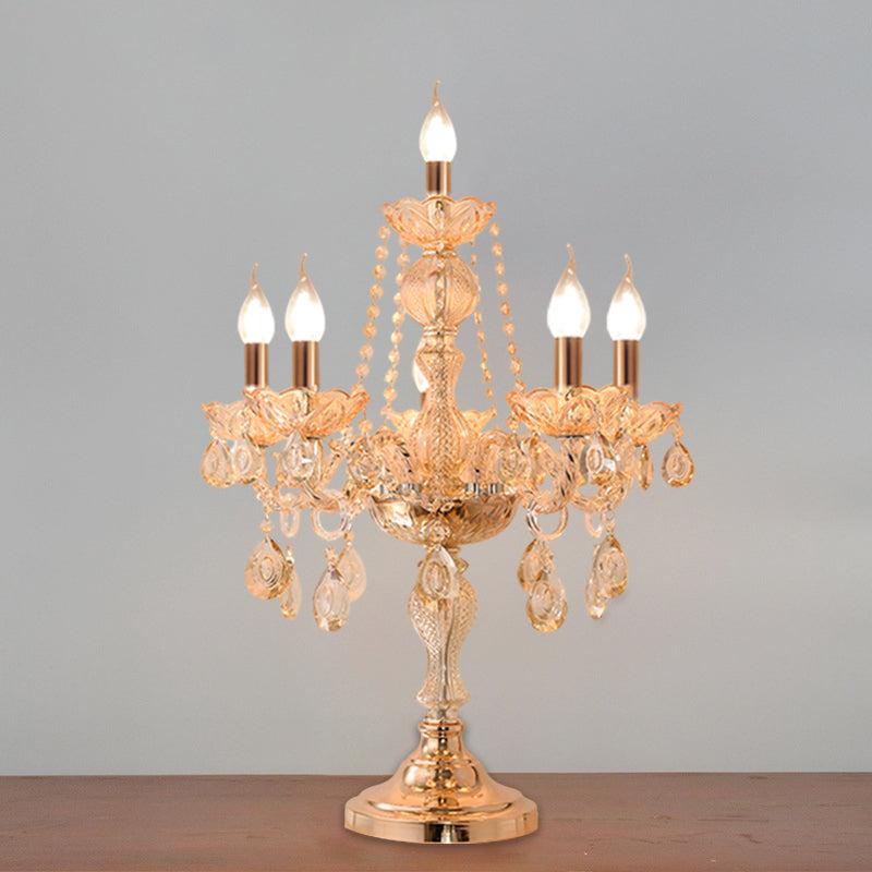 5/6 Heads Candelabra Table Light Traditional Gold Crystal Droplets Nightstand Lamp with/without White Bell Fabric Shade