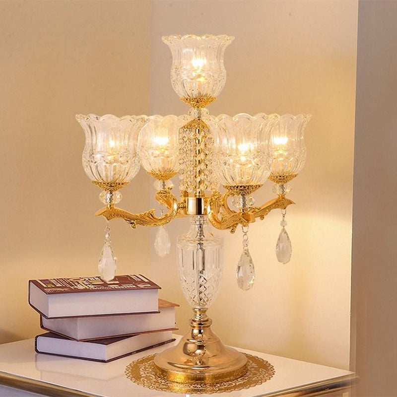 Gold Candelabra Nightstand Lamp Traditional Crystal Beads 5 Heads Bedroom Table Light with Clear Flower Shade