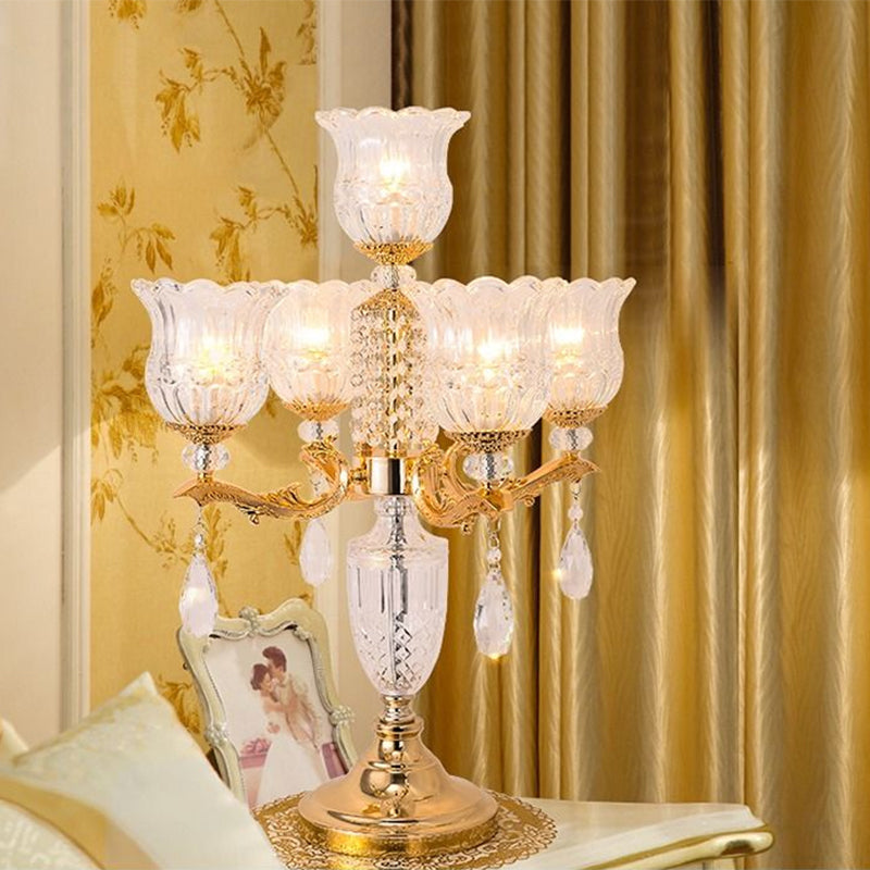 Gold Candelabra Nightstand Lamp Traditional Crystal Beads 5 Heads Bedroom Table Light with Clear Flower Shade