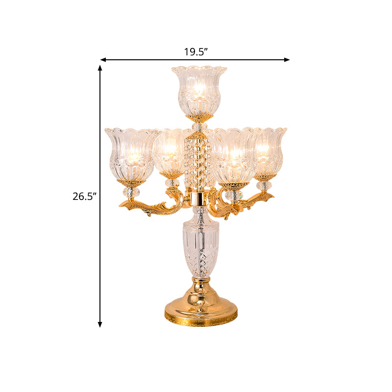 Gold Candelabra Nightstand Lamp Traditional Crystal Beads 5 Heads Bedroom Table Light with Clear Flower Shade