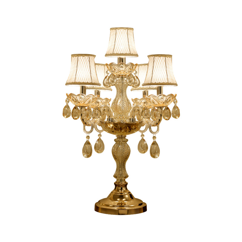 Gold 5/6/7 Bulbs Night Stand Lamp Traditional Clear Crystal Candlestick Table Light with White Bell Fabric Shade