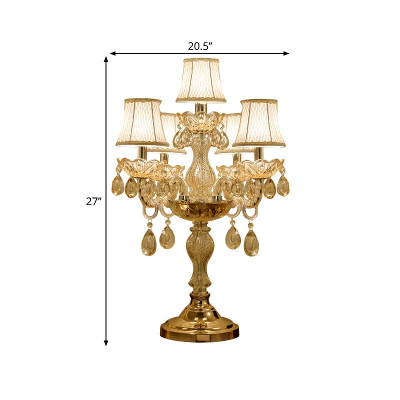 Gold 5/6/7 Bulbs Night Stand Lamp Traditional Clear Crystal Candlestick Table Light with White Bell Fabric Shade