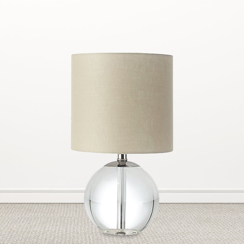 Beige 1 Head Nightstand Lamp Traditional Fabric Cylindrical Shade Table Light with Crystal Spherical Base