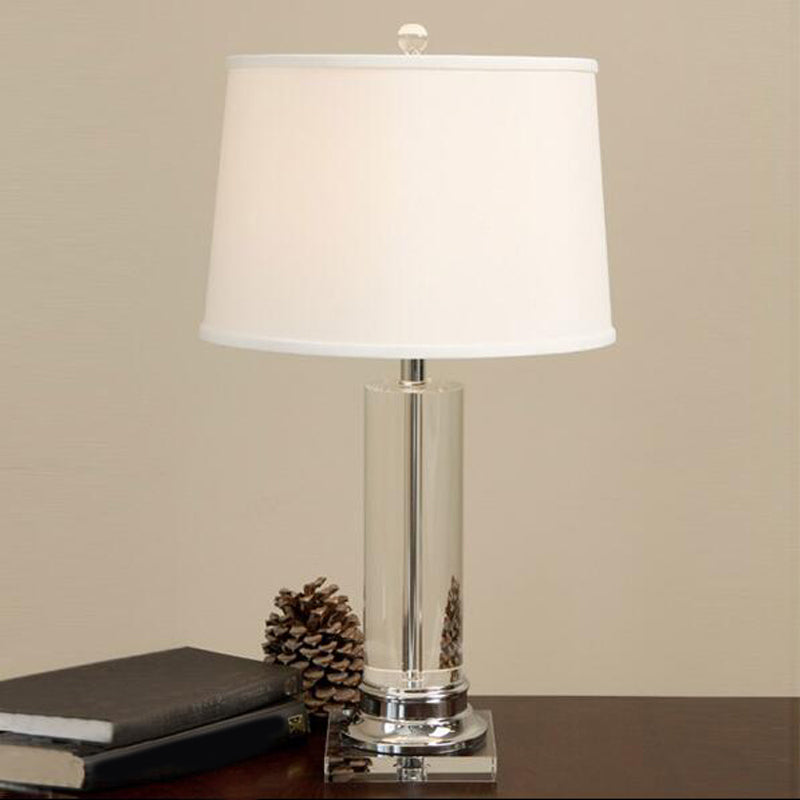 Traditional Barrel Shade Nightstand Lamp 1 Head Fabric Table Light in Beige with Cylinder K9 Crystal Post