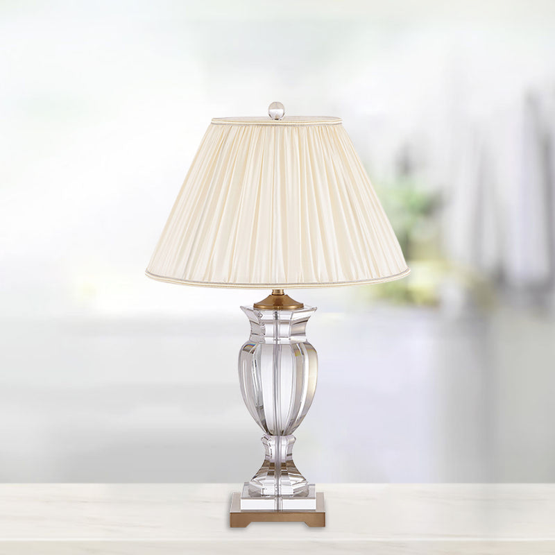 1 Bulb Night Stand Lighting with Tapered Shade Fabric Traditional Bedside Crystal Table Lamp in White