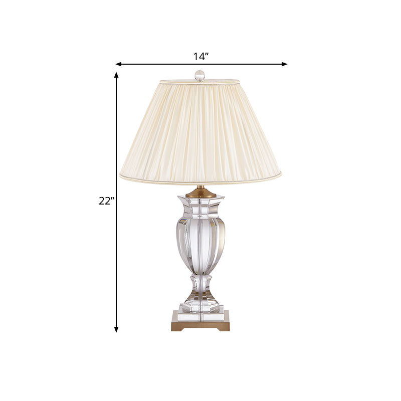 1 Bulb Night Stand Lighting with Tapered Shade Fabric Traditional Bedside Crystal Table Lamp in White