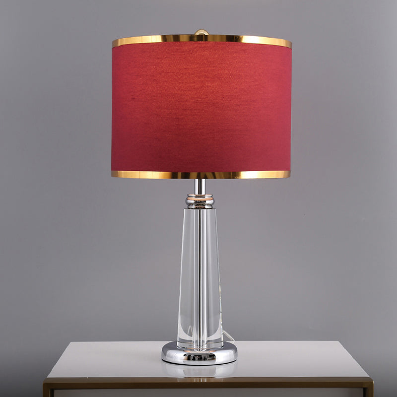 Burgundy Circular Nightstand Lamp Traditional Fabric Shade 1 Bulb Bedchamber Table Light with Crystal Lamp-Post