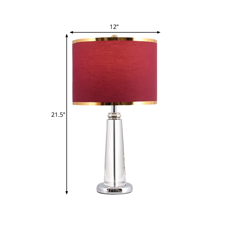 Burgundy Circular Nightstand Lamp Traditional Fabric Shade 1 Bulb Bedchamber Table Light with Crystal Lamp-Post