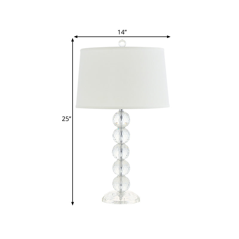 Traditional Tapered Table Light 1 Head Fabric Shade Night Stand Lamp in White with Faceted Crystal Orbs